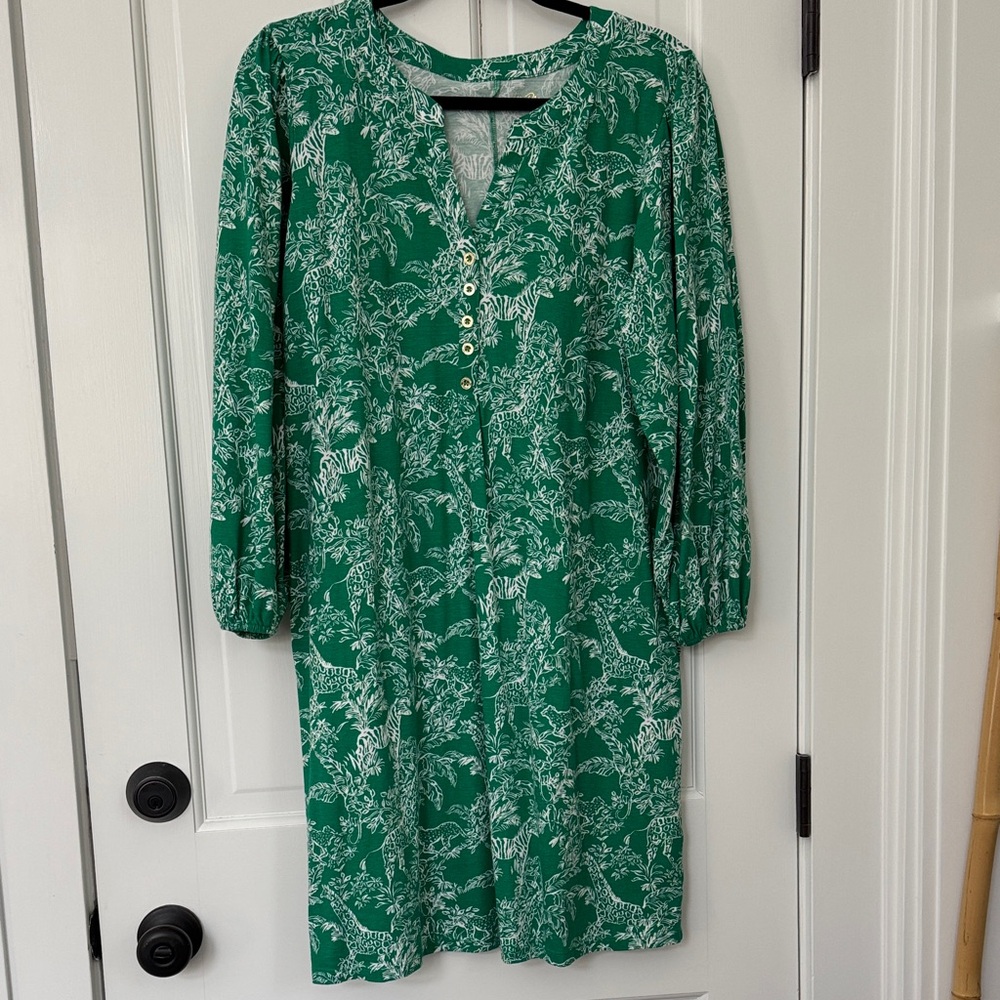 Lilly Pulitzer Green and White Long Sleeve Floral-Print Shift Dress 100% cotton